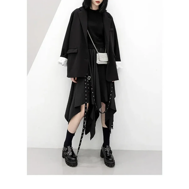 Black Irregular Hem Gothic Punk Skirt – Buckle Straps & Studded Details
