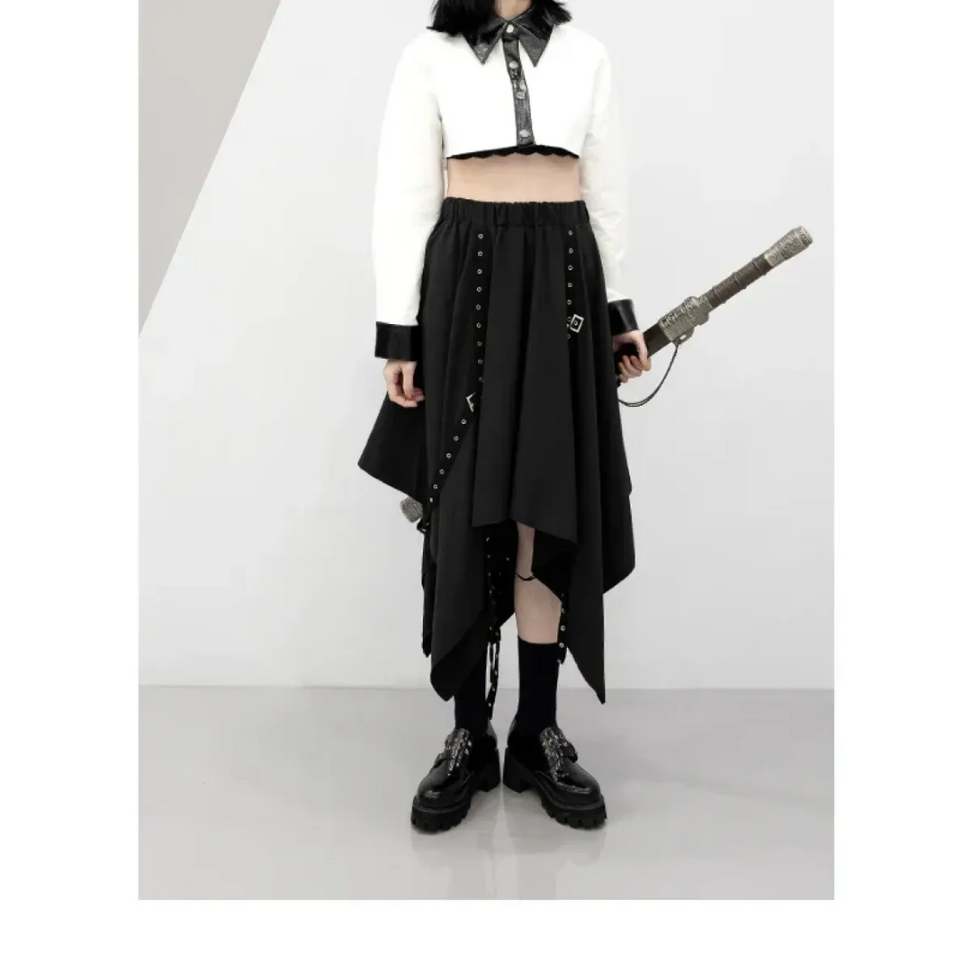 Black Irregular Hem Gothic Punk Skirt – Buckle Straps & Studded Details
