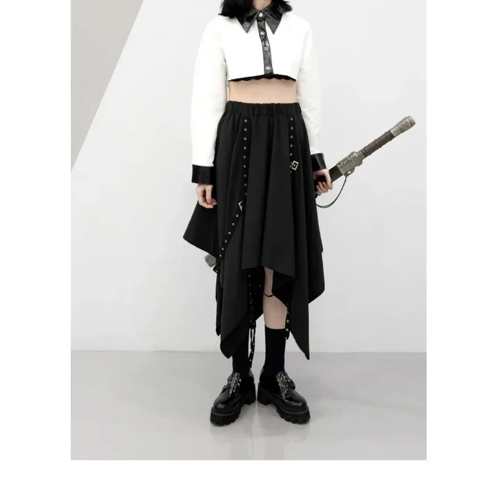 Black Irregular Hem Gothic Punk Skirt – Buckle Straps & Studded Details