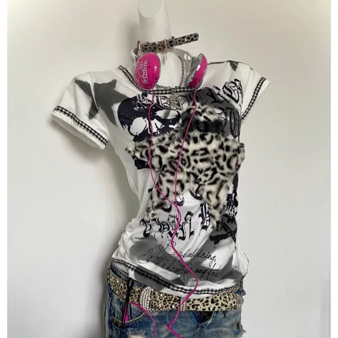 Y2K Punk Tee – Leopard Print Patchwork & Skull Graphic