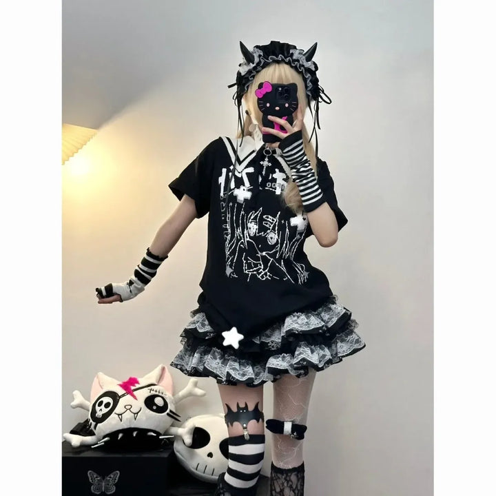 Y2K Punk Lace Mini Skirt – Gothic Layered A-Line Skirt