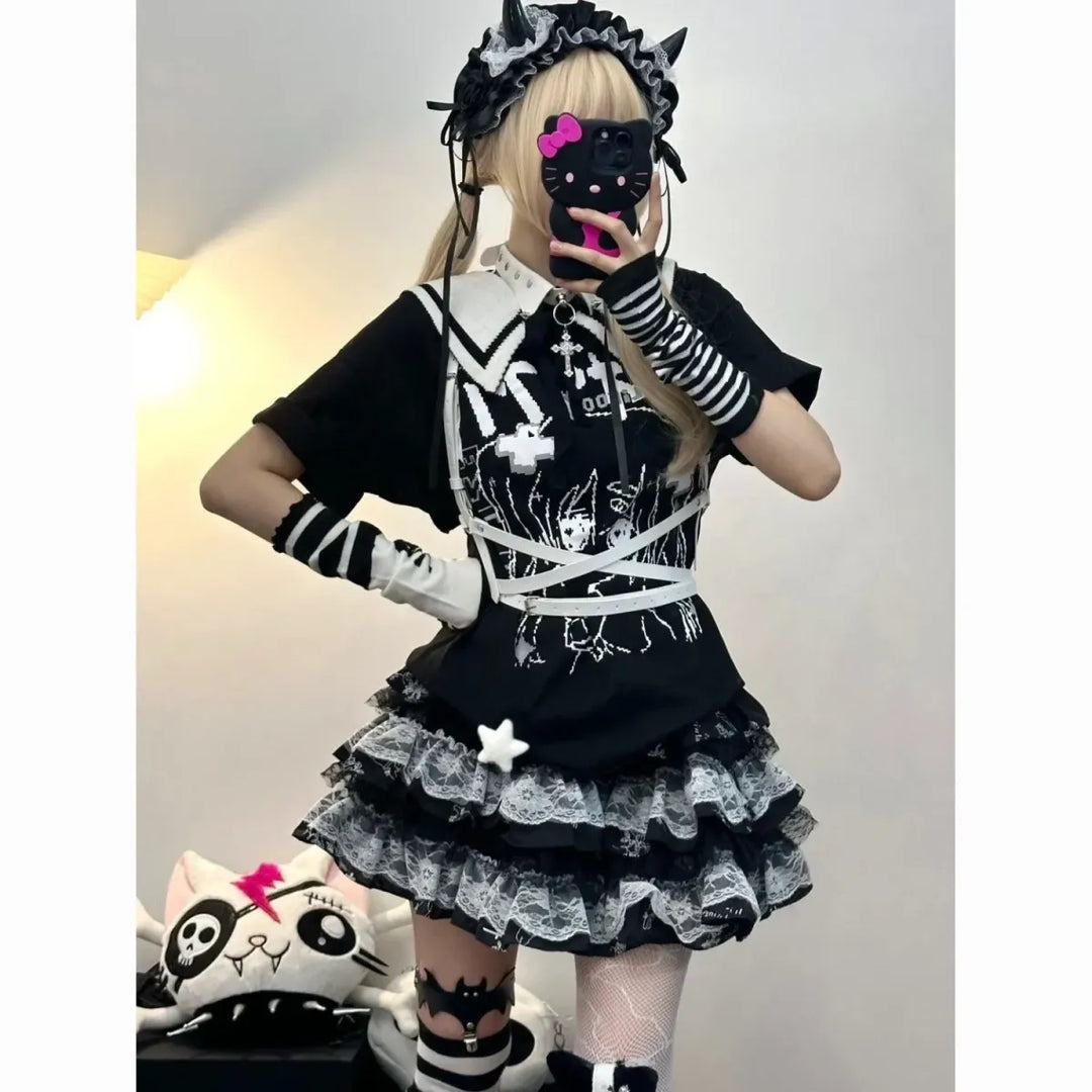 Y2K Punk Lace Mini Skirt – Gothic Layered A-Line Skirt
