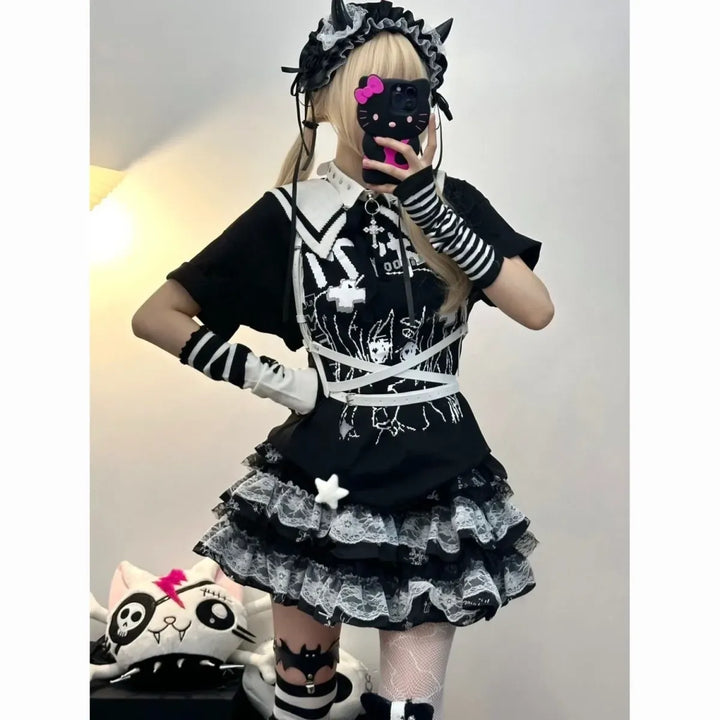 Y2K Punk Lace Mini Skirt – Gothic Layered A-Line Skirt