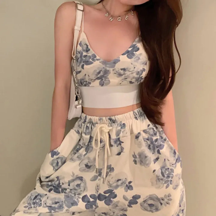 Blue Floral Two-Piece Set – V-Neck Camisole & Drawstring Pants