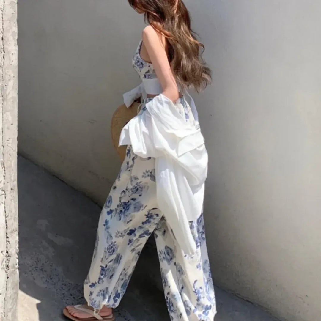 Blue Floral Two-Piece Set – V-Neck Camisole & Drawstring Pants