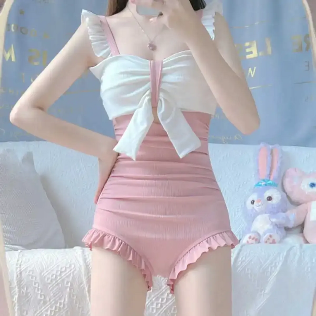 Bow Patchwork Swimsuit – Korean Ruffle One Piece Shorts