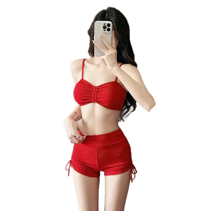 Bow Print Bikini Set – Korean 3pcs Mesh Cover with Drawstring Shorts