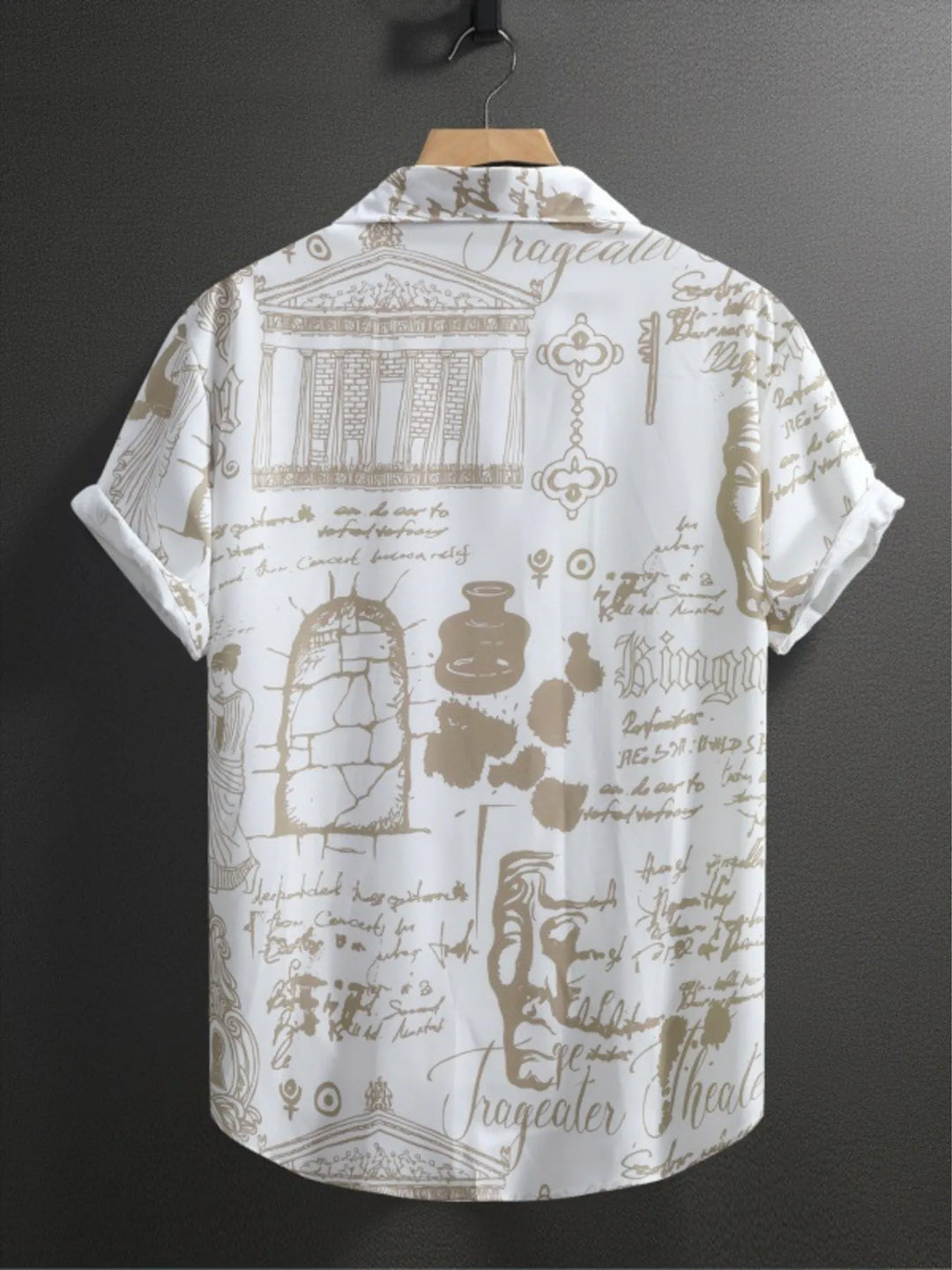 Men's Vintage Art Print Short Sleeve Button-Up Shirt