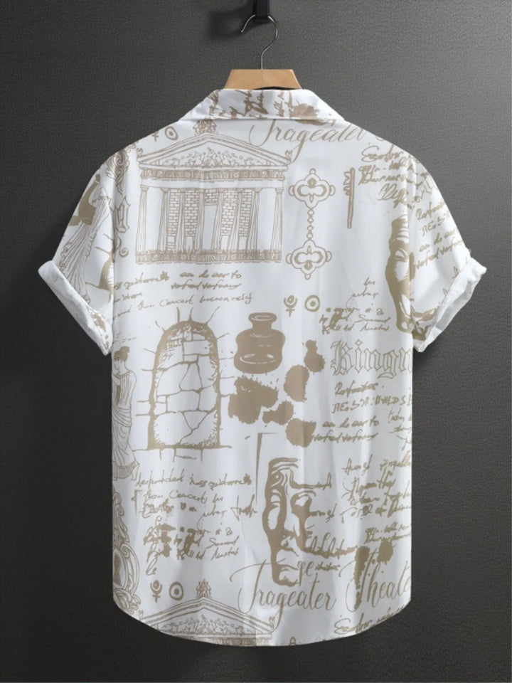 Men's Vintage Art Print Short Sleeve Button-Up Shirt