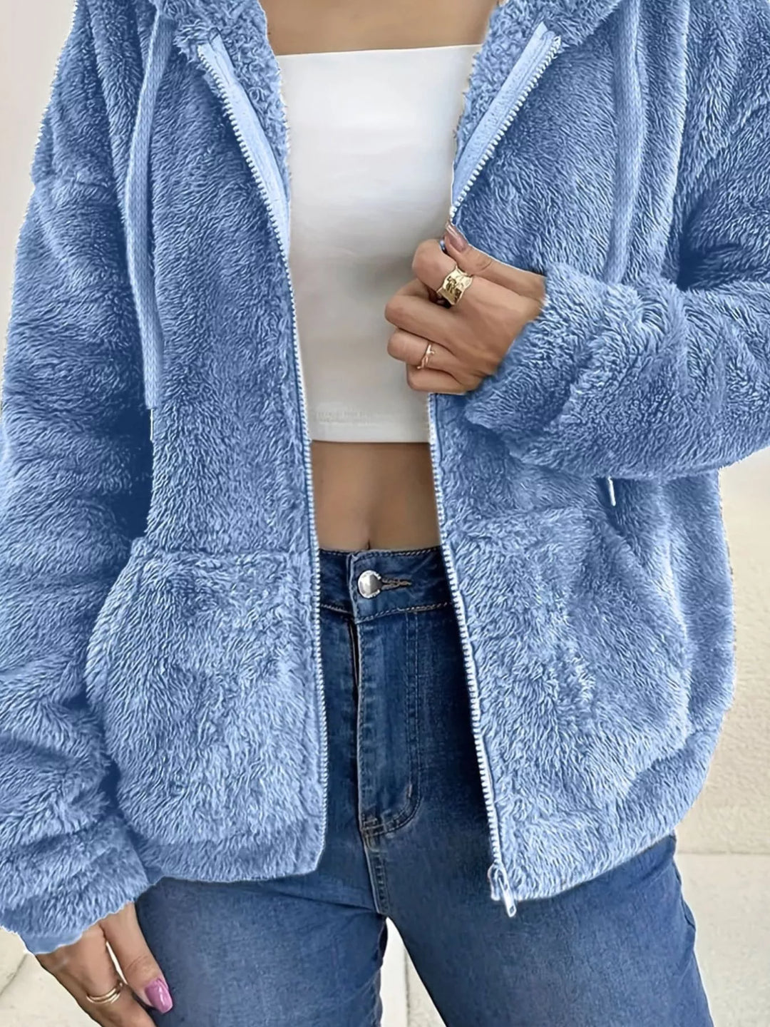 Drawstring Fleece Zip-Up Outerwear