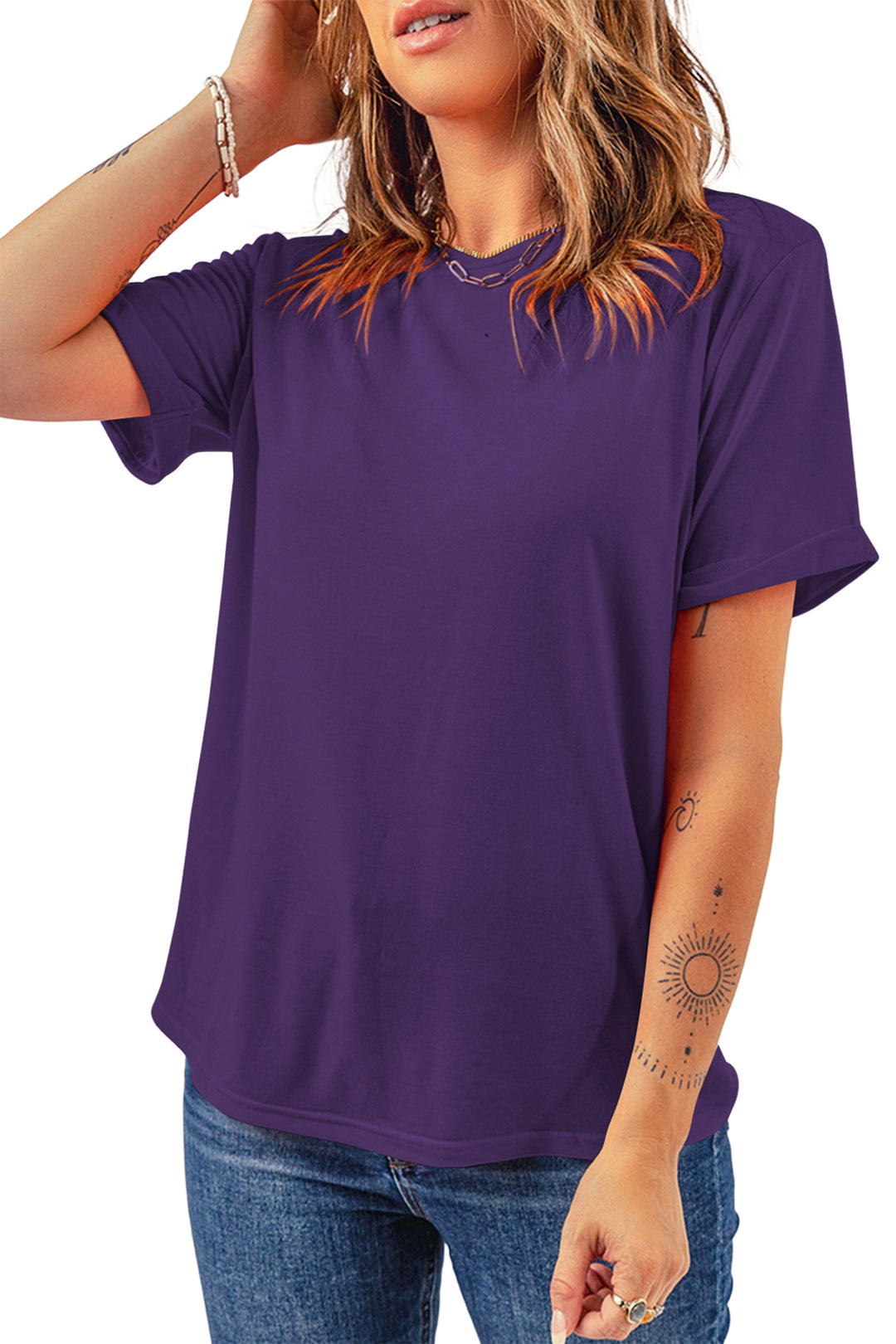Tillandsia Purple Casual Plain Crew Neck Tee