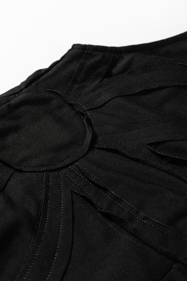 Black Solid Color Raw Seam Big Flower Patched Loose Overall Jumpsuit