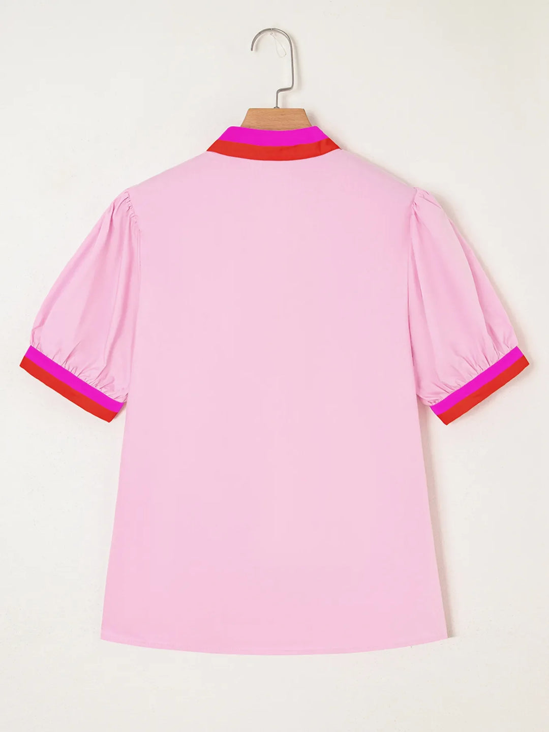 Contrast Trim Notched Short Sleeve Blouse
