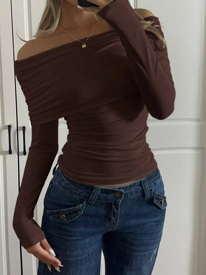 Off-Shoulder Ruched Long Sleeve T-Shirt