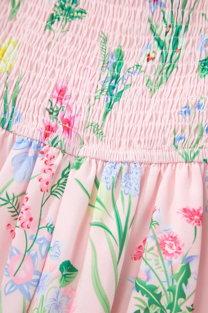 Floral Print Contrast Trim Self-tie Straps High Waist Midi Dress