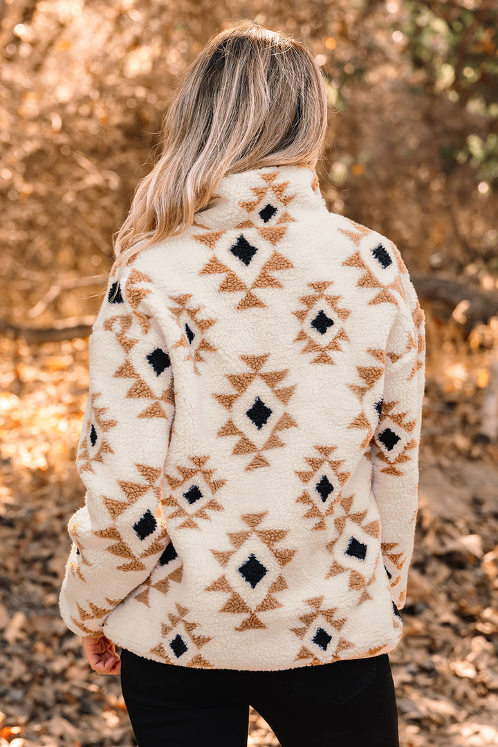 Khaki Aztec Print Sherpa Quarter Zip Collar Sweatshirt