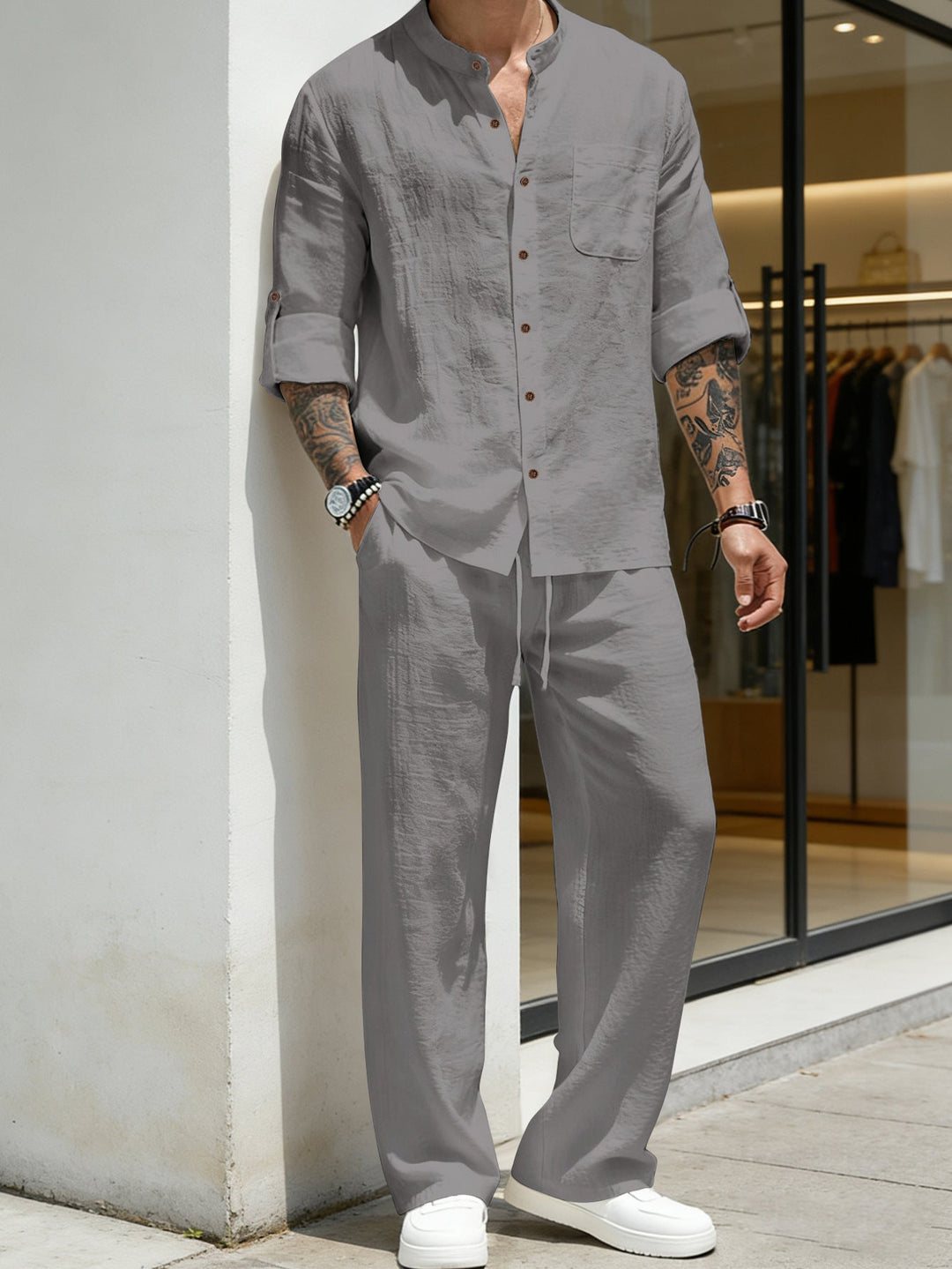 Mens Solid-Color Linen Long-Sleeve Shirt And Pants Two-Piece Set