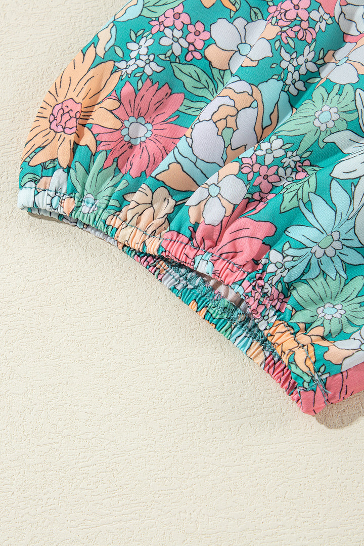 Multicolour Notched Neck Puff Short Sleeve Floral Blouse