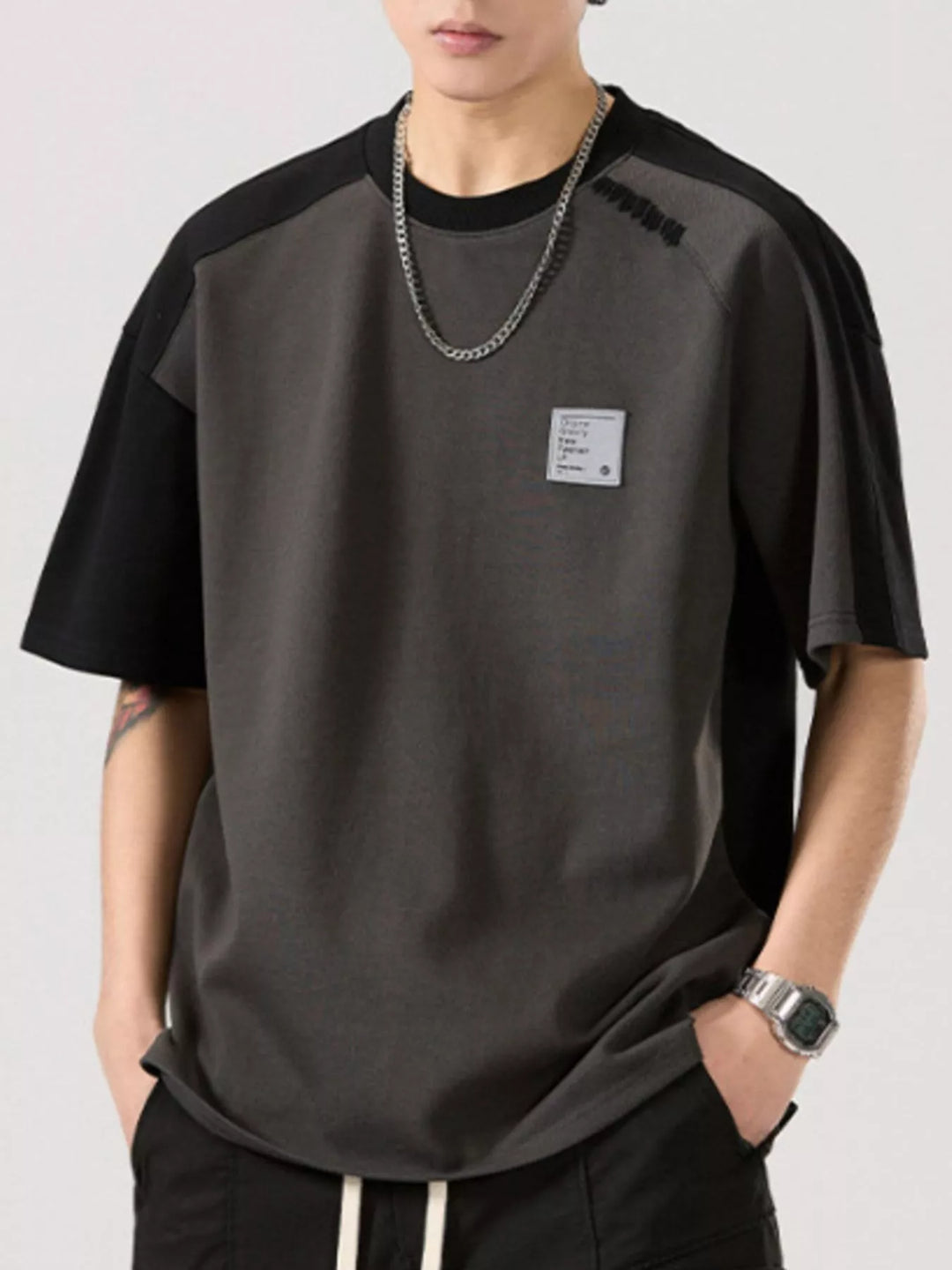 Men's Full Size Contrast Round Neck Short Sleeve T-Shirt Plus Size