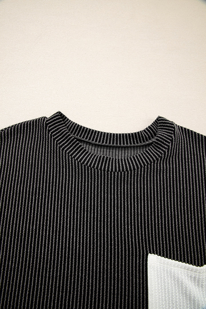 Carbon Grey Corded Knit Color Block Pocketed Crew Neck T Shirt