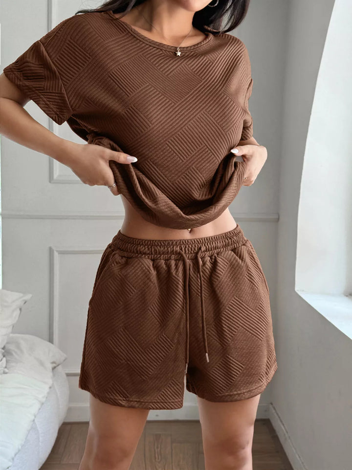 Textured Knit Round Neck Top and Shorts Set