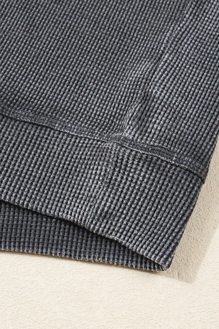 Dark Grey Waffle Knit Patchwork Long Sleeve Loose Top