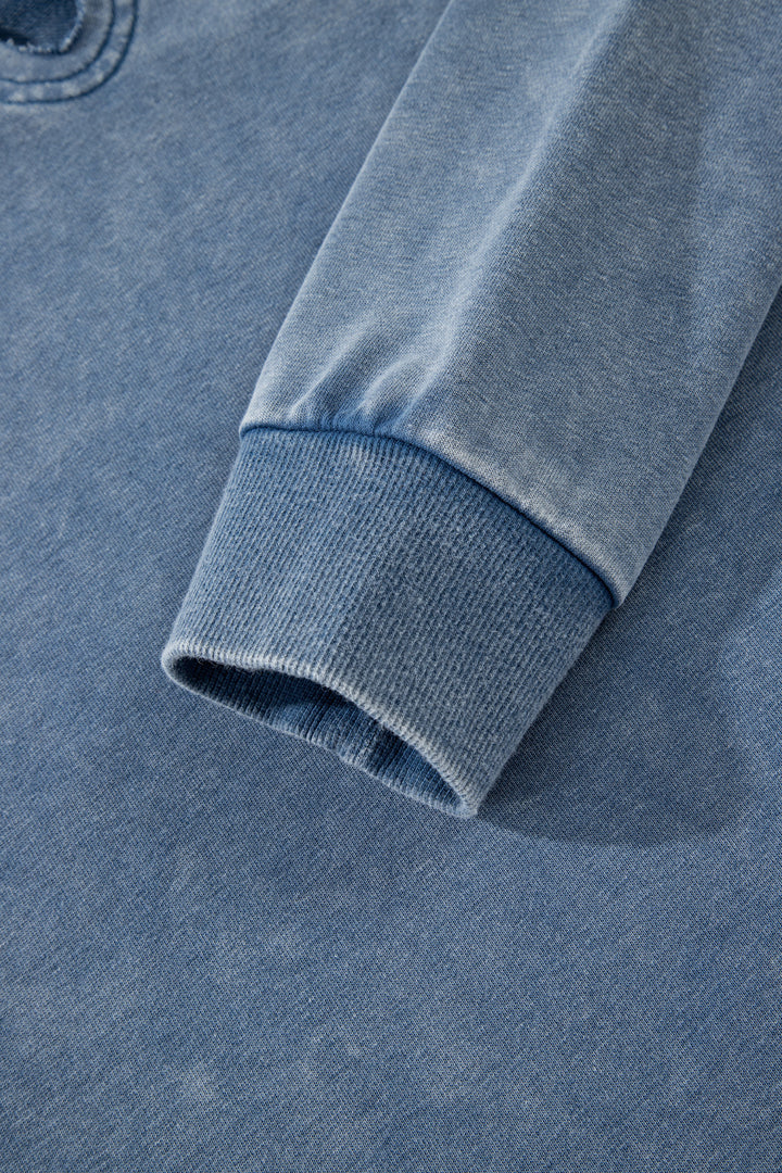 Sail Blue Lace Patchwork Detail Notched Neck Mineral Wash Baggy Sweatshirt