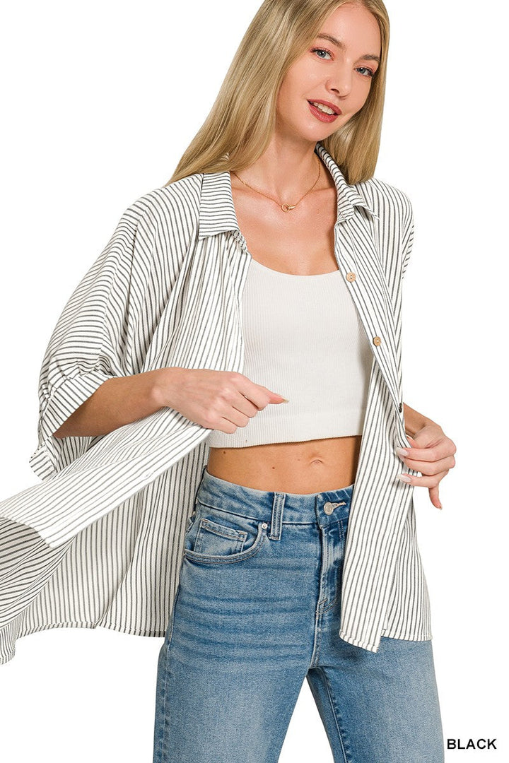 Zenana Full Size Woven Stripe Button Down Boxy Shirt Plus Size