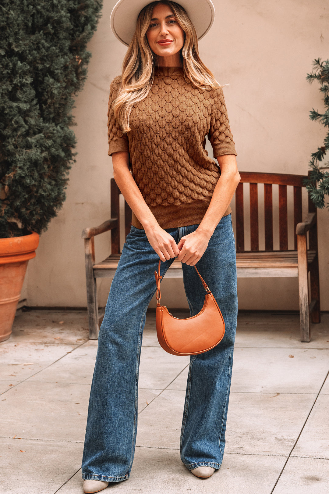 Straw Yellow Fish Scale Textured Knit Ribbed High Neck Short Sleeve Sweater