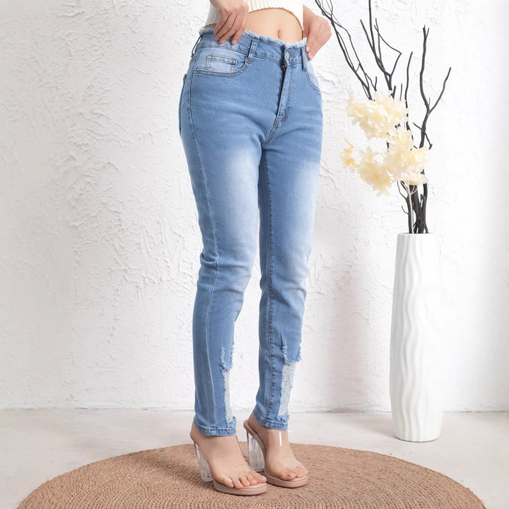 Retro Frayed-edge Ripped Stretch Jeans