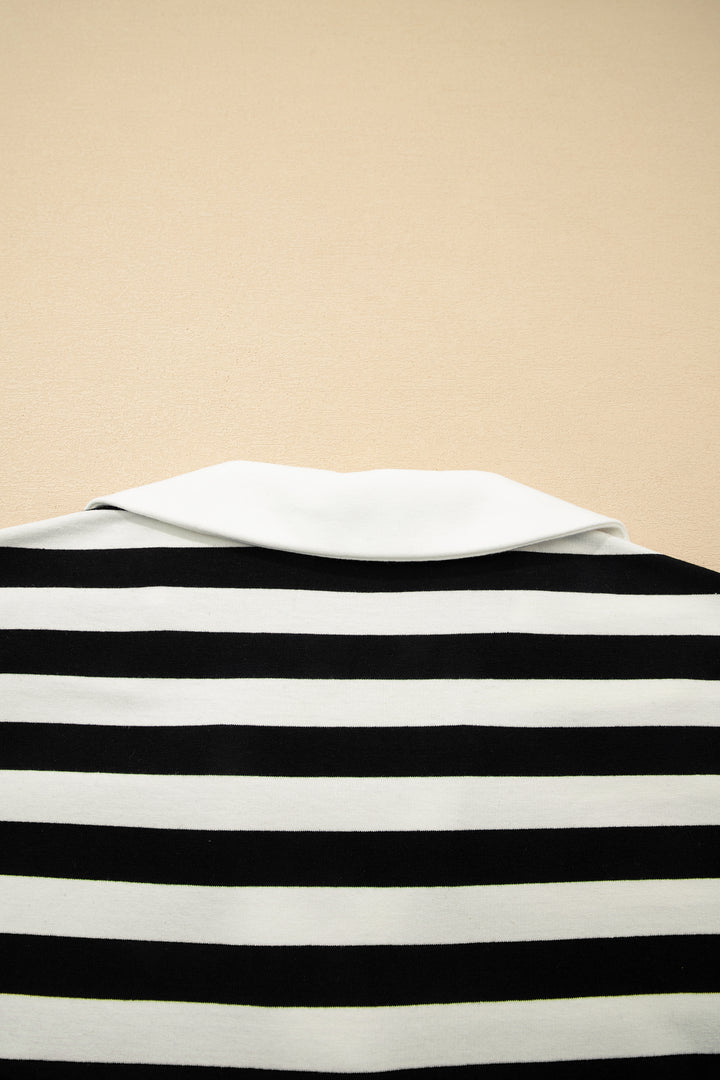 Black Stripe Collar V Neck Ruffled Short Sleeve Blouse