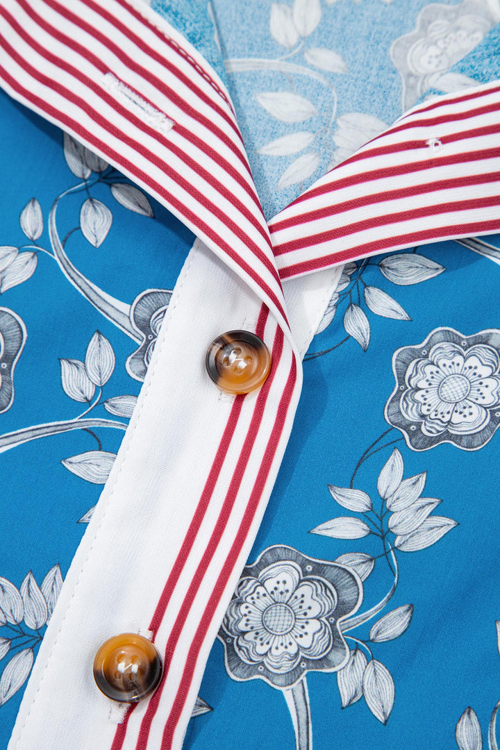 Blue Retro Floral Print Striped Trim Button Neck Short Sleeve Blouse