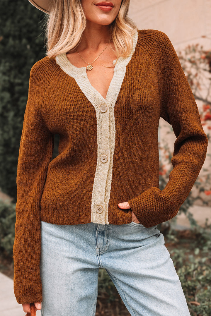 Chestnut Contrast Knit V Neckline Short Cardigan