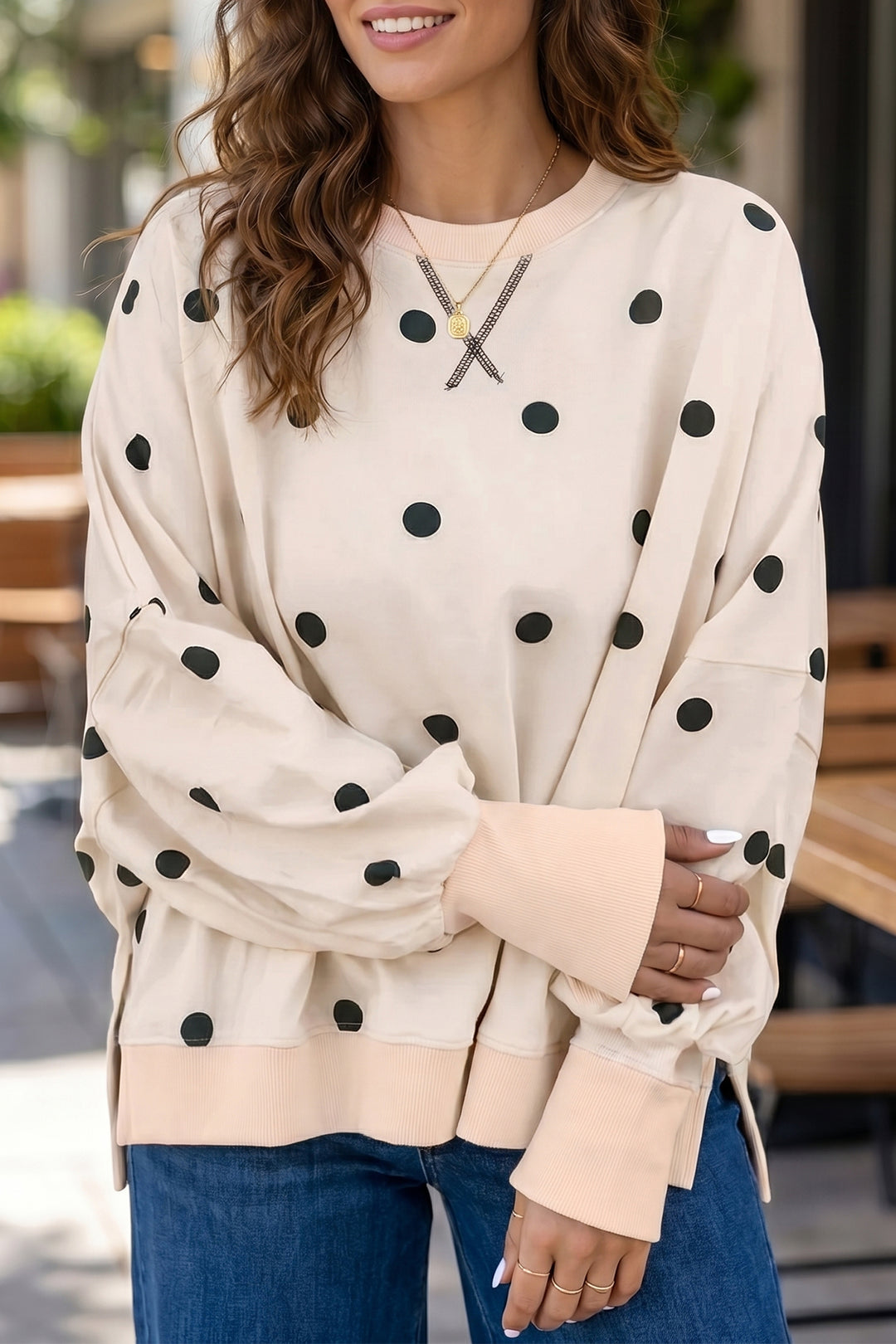 Beige Loose-fit Long Sleeve Round Neck Polka Dot Tunic Sweatshirt