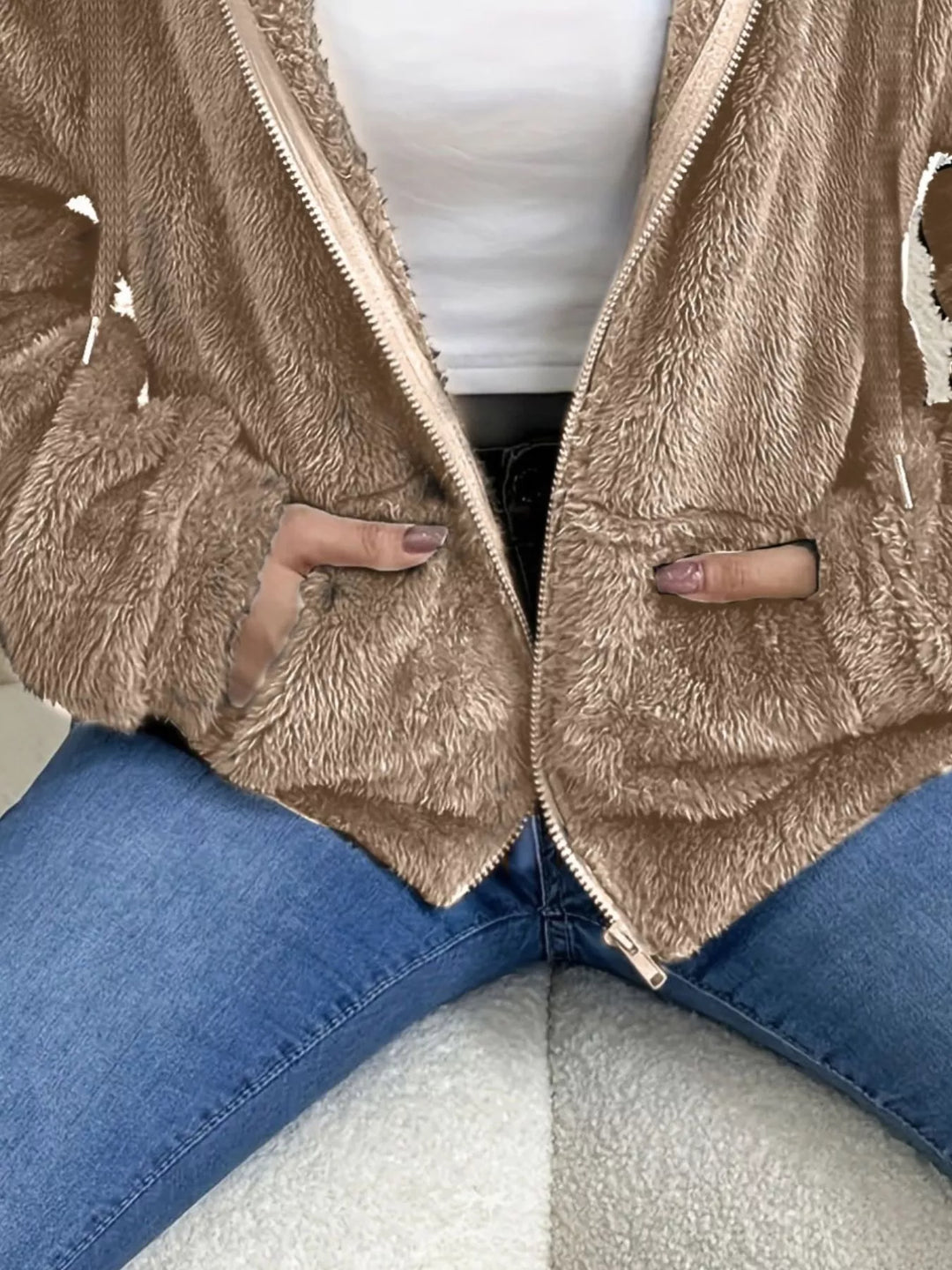Drawstring Fleece Zip-Up Outerwear