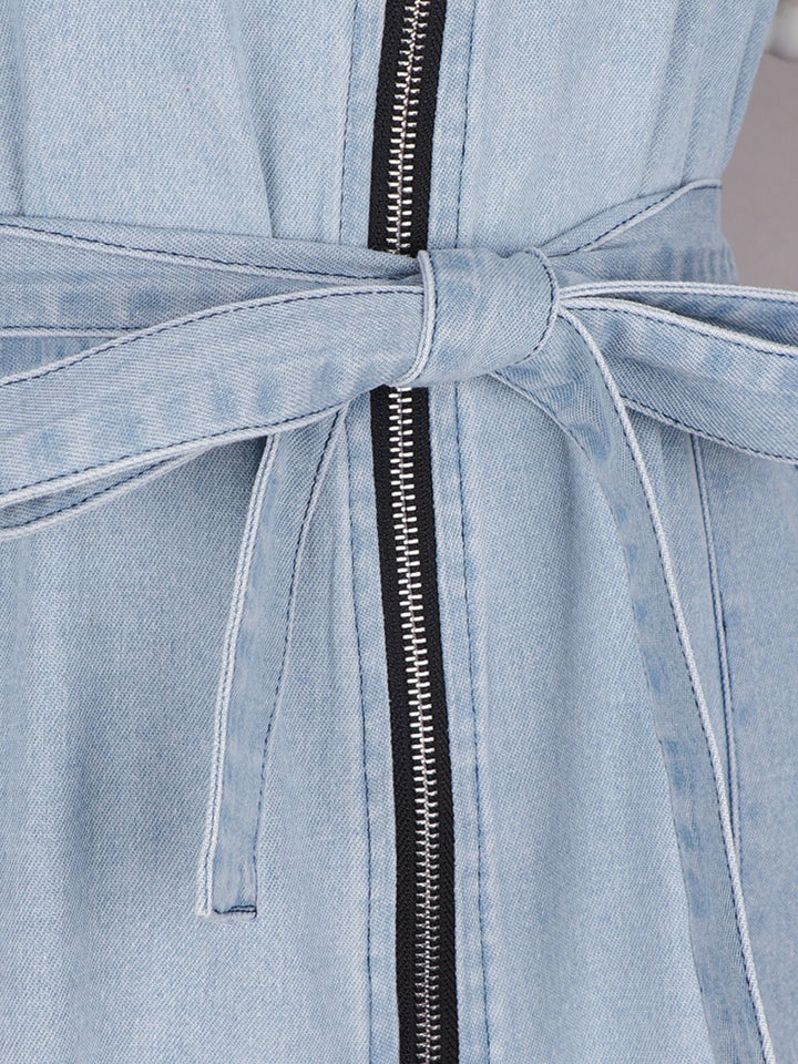 Zip Front Short Sleeve Denim Dress