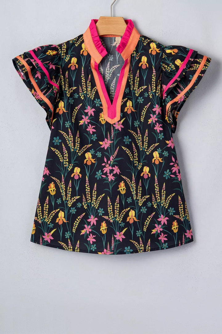 Floral Print Contrast Trim Tiered Ruffled Short Sleeve Blouse