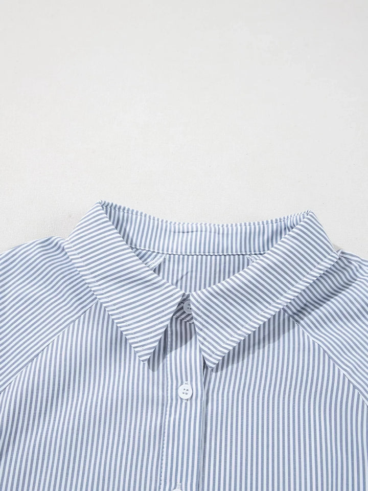 Pinstripe Long Sleeve Smocked Cuffs Button Shirt Collar Blouse