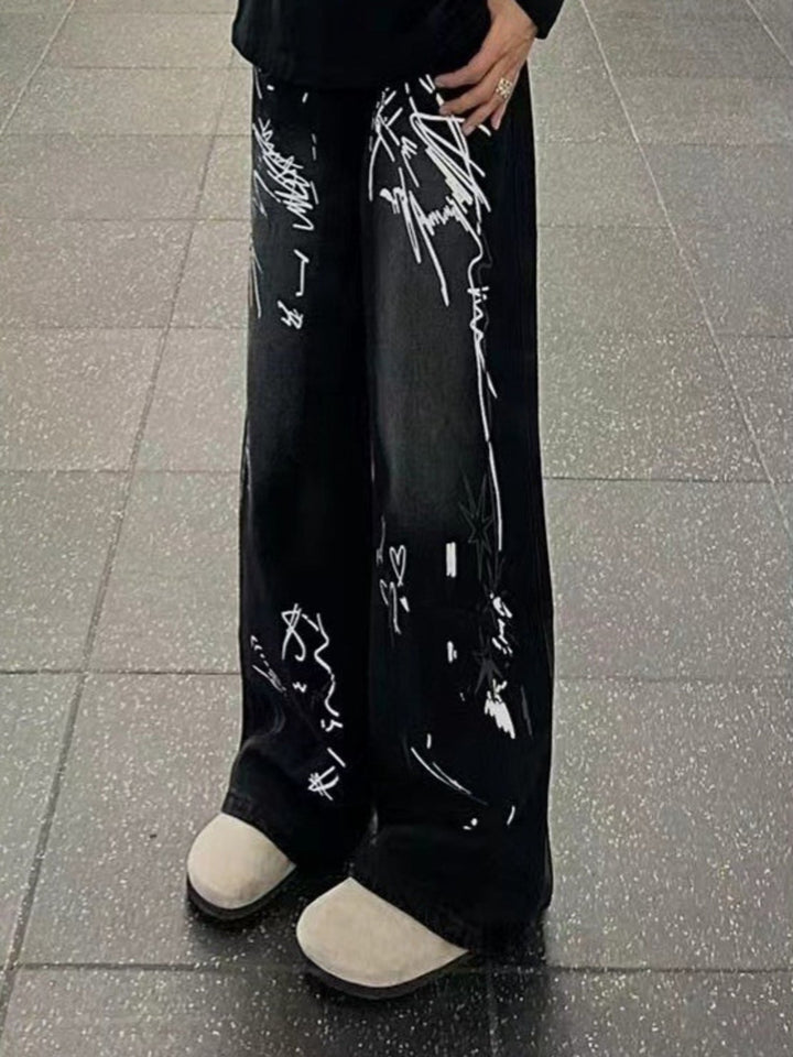 Men's Full Size Graffiti Print Wide Leg Jeans Plus Size
