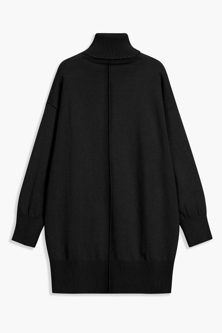 Black Solid Color Turtleneck Drop Shoulder Loose Sweater Dress