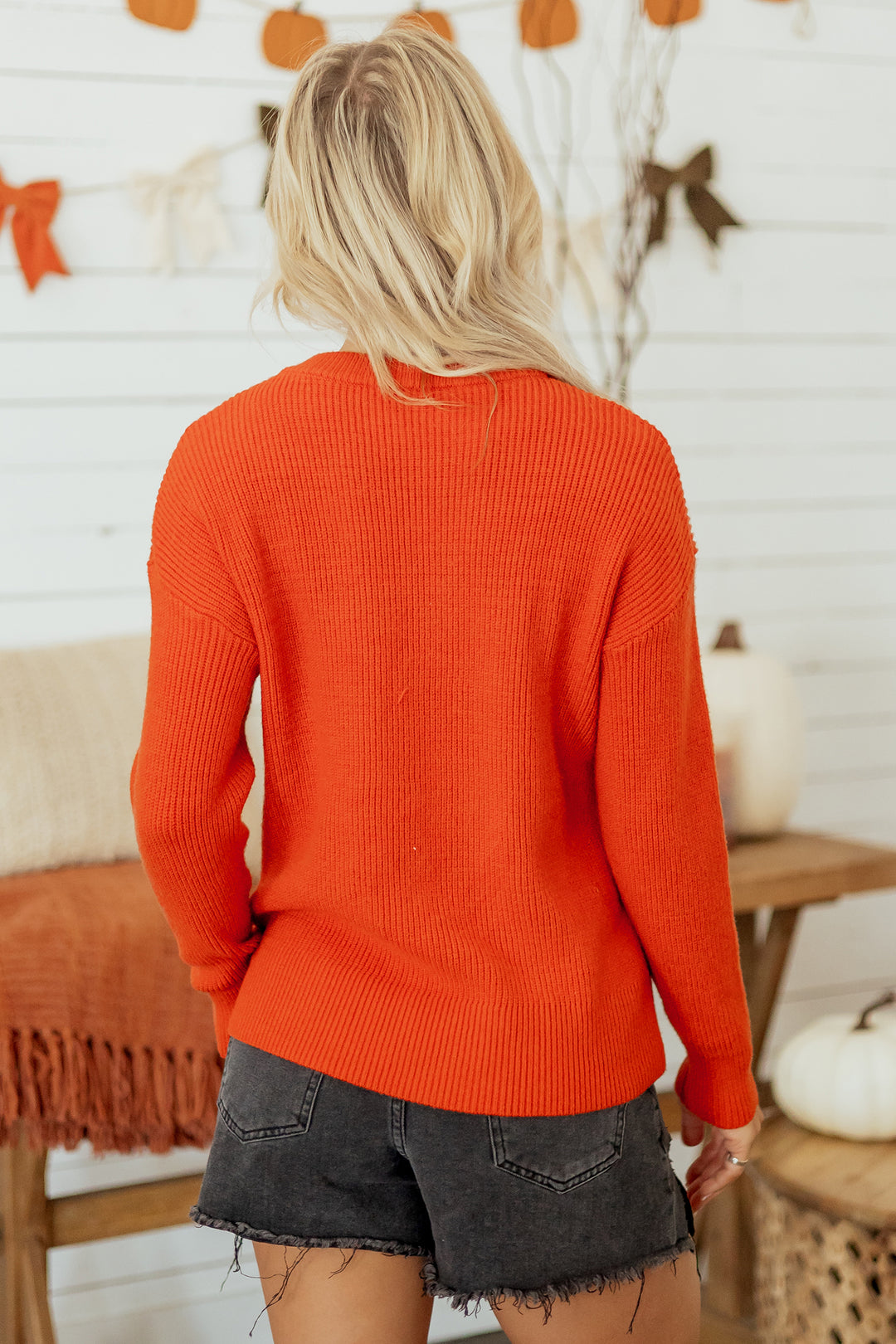 Orange Drop Shoulder Long Sleeve Round Neck Halloween Sweater