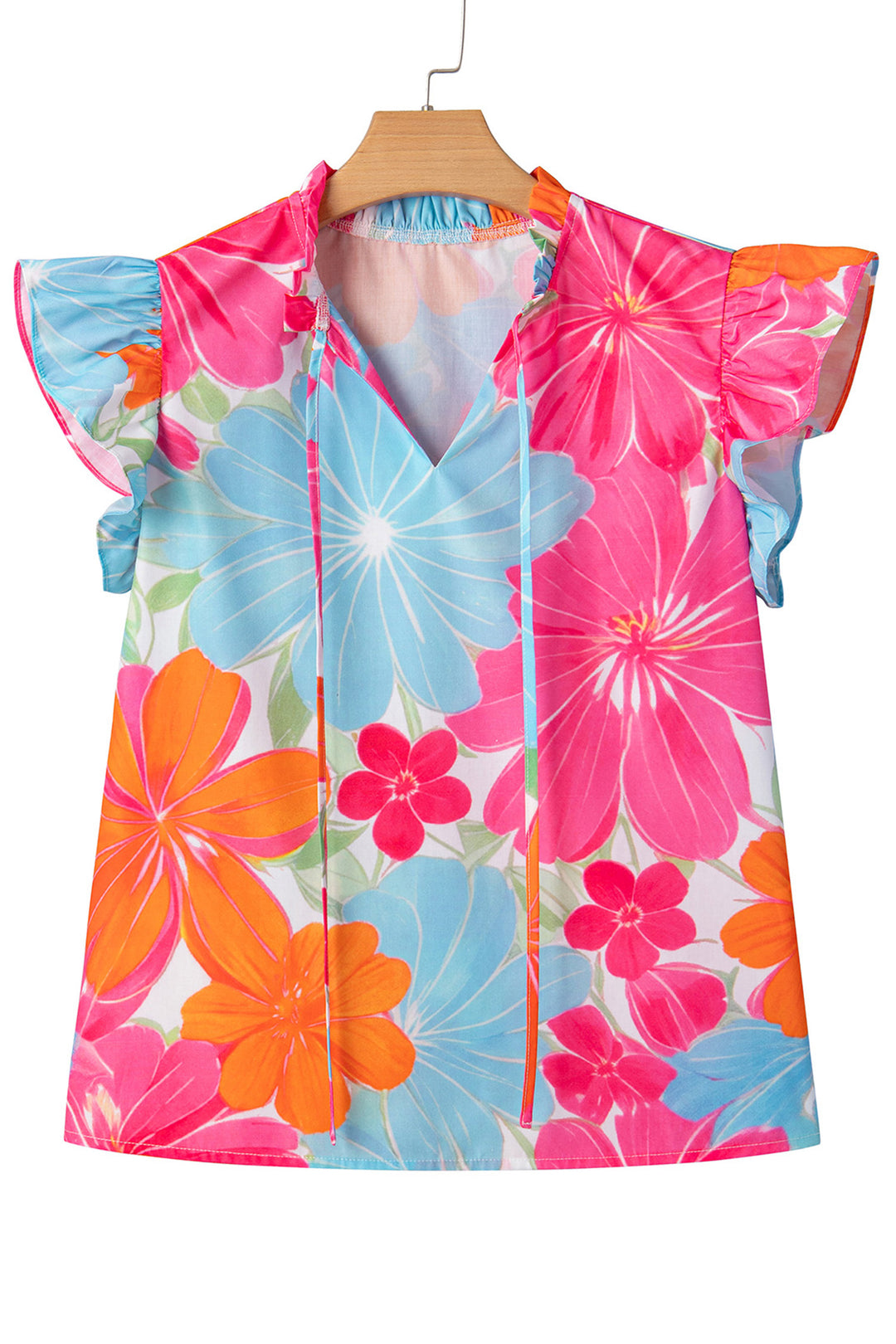 Multicolour Vibrant Flower Printed Tie V Neck Ruffle Trim Sleeveless Blouse
