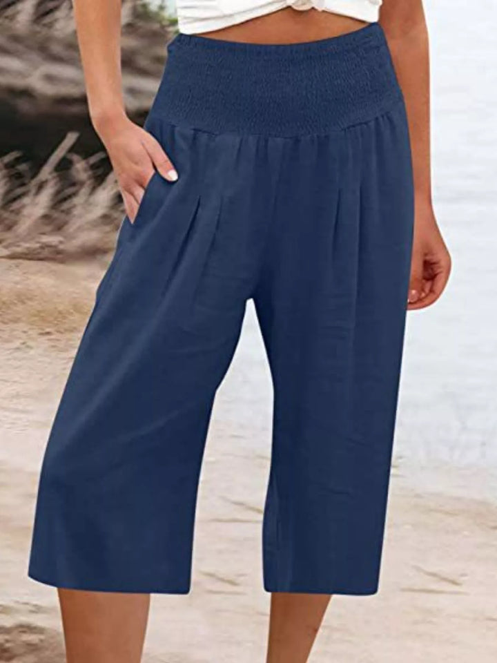 Smocked Wide-Leg Capri Pants
