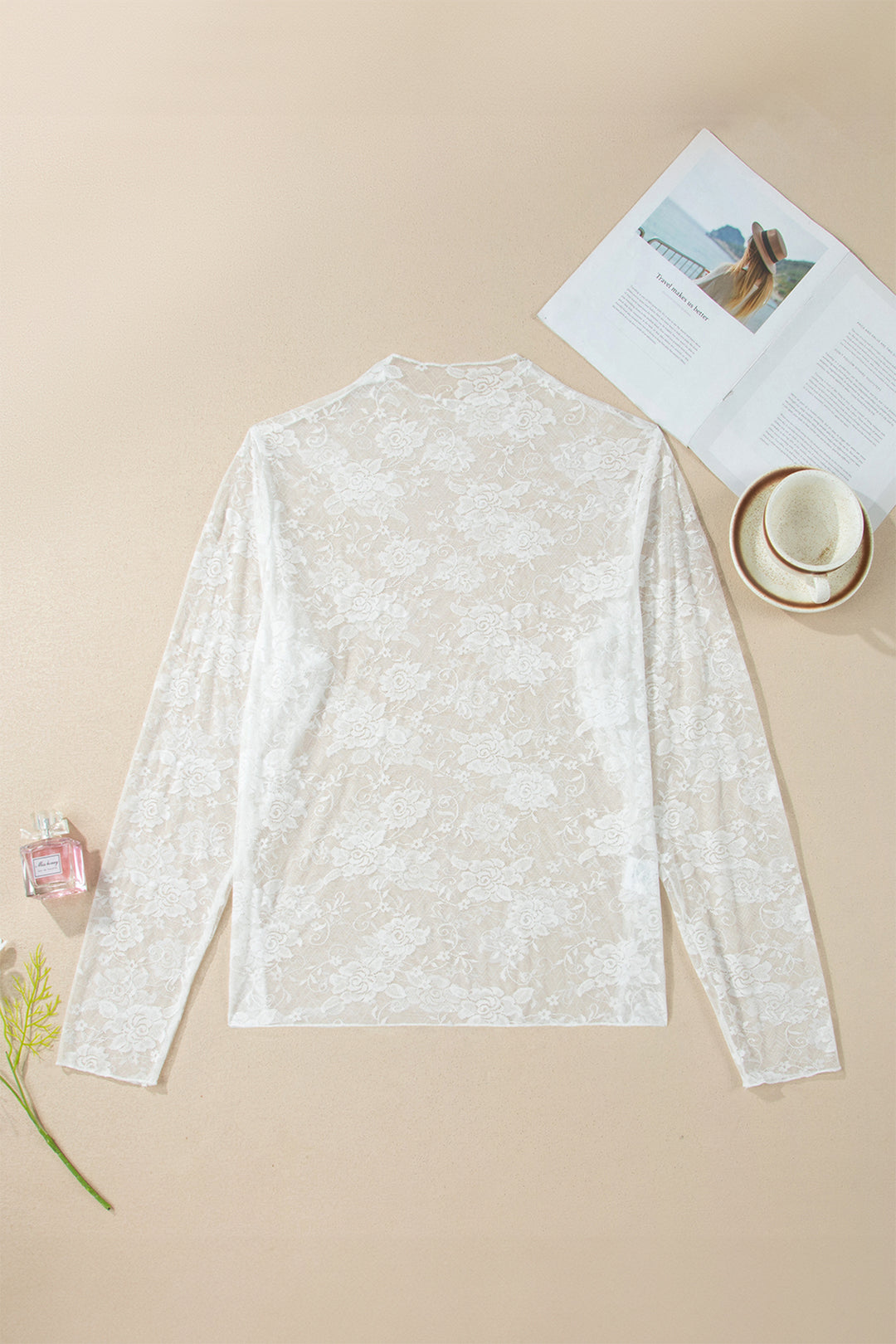 White Plus Size Floral Mesh Long Sleeve Top