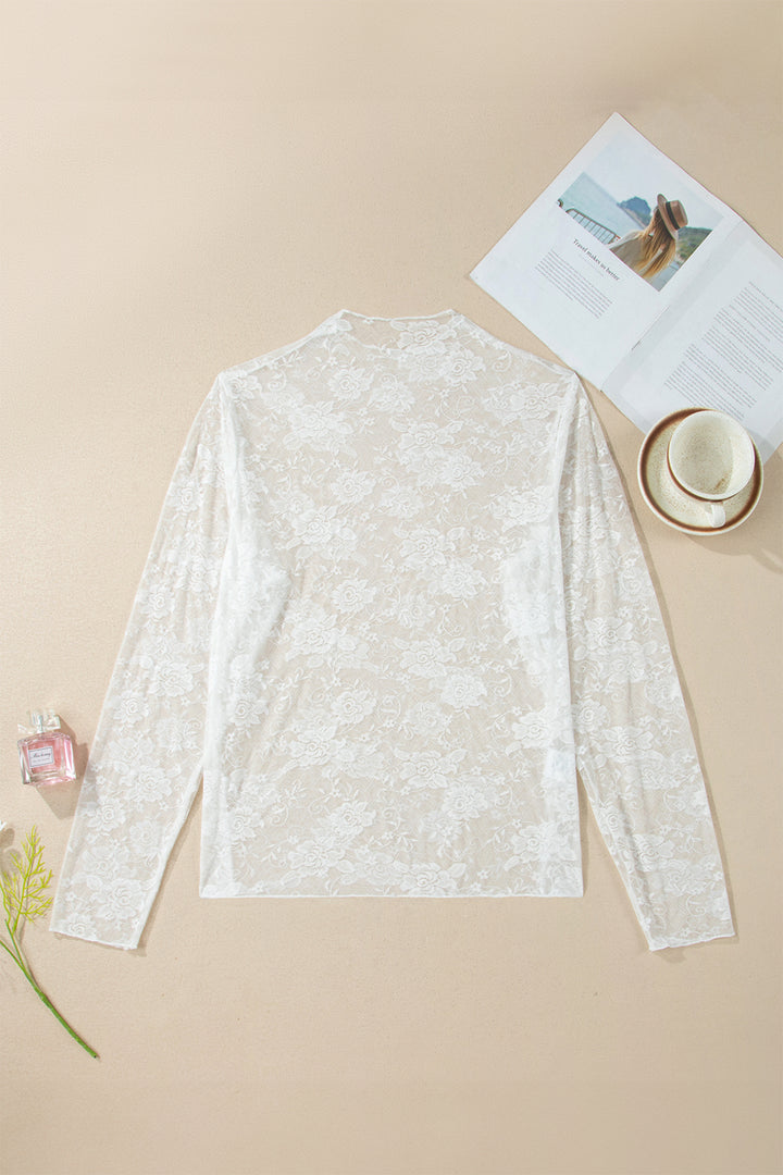 White Plus Size Floral Mesh Long Sleeve Top