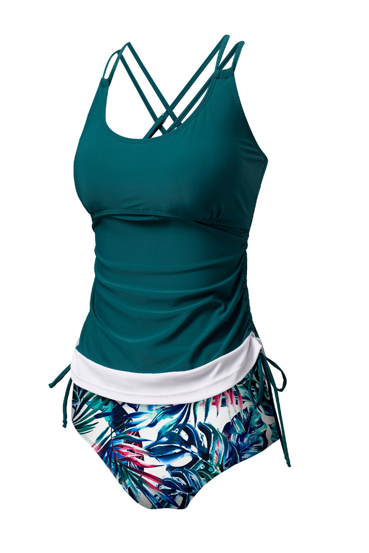 Sea Green Drawstring Tummy Control Mix-and-match 2pcs Tankini Swimsuit