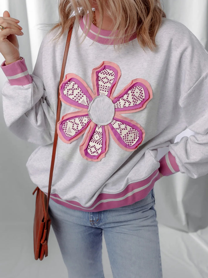 Flower Patch Contrast Trim Crew Neck Sweatshirt