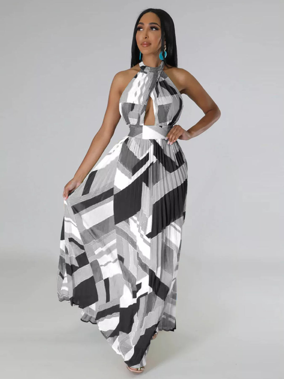 Halter Neck Geometric Print Pleated Maxi Dress