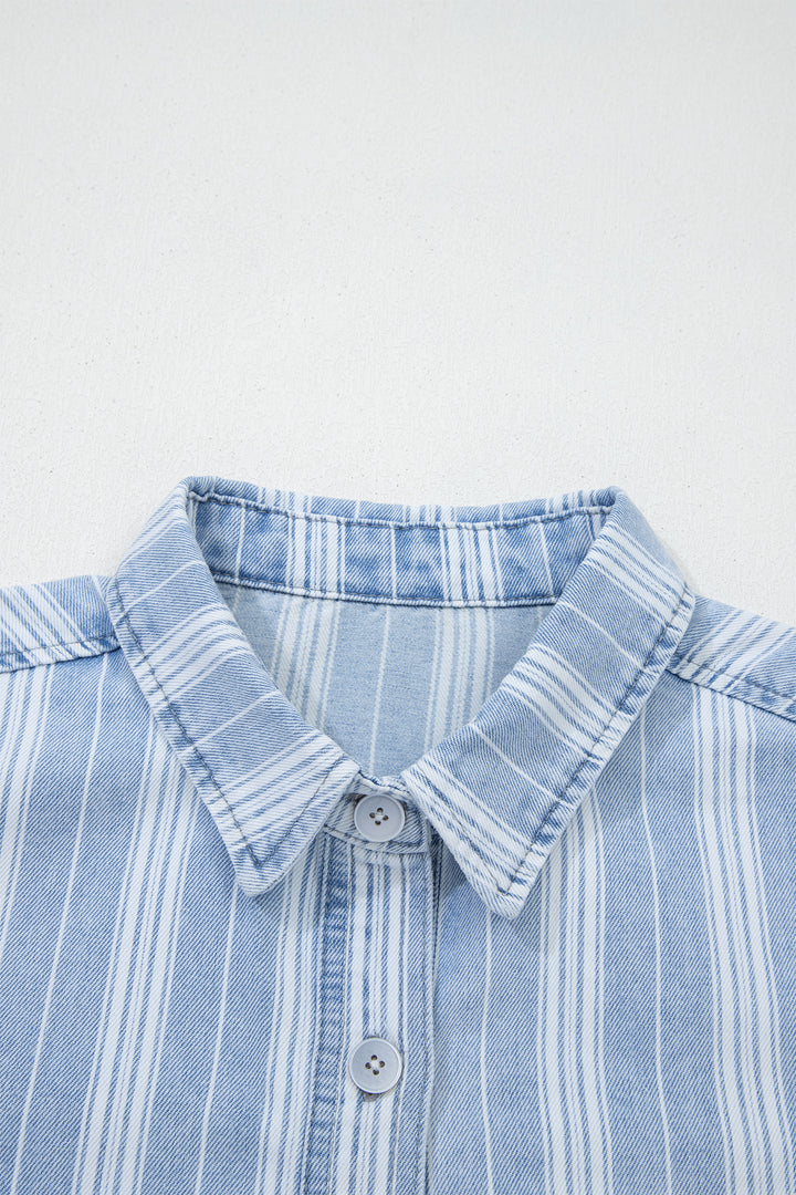 Sky Blue Stripe Boyfriend Chest Pocket Classic Denim Shacket