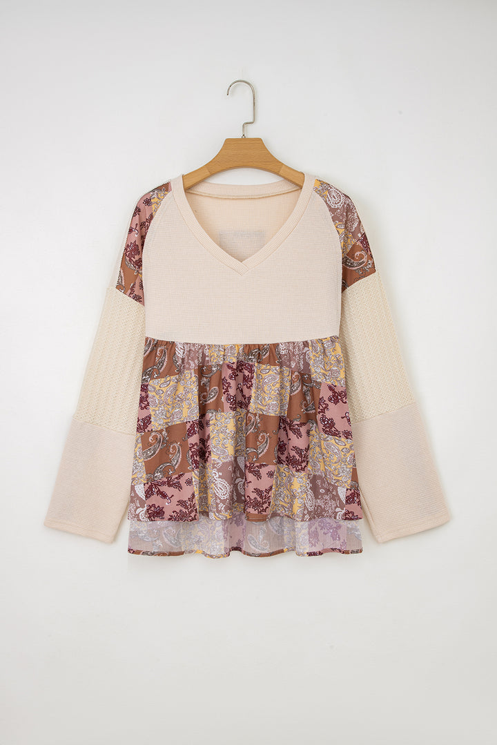 Beige Paisley Ethnic Print Contrast Patchwork Long Sleeve Loose Top